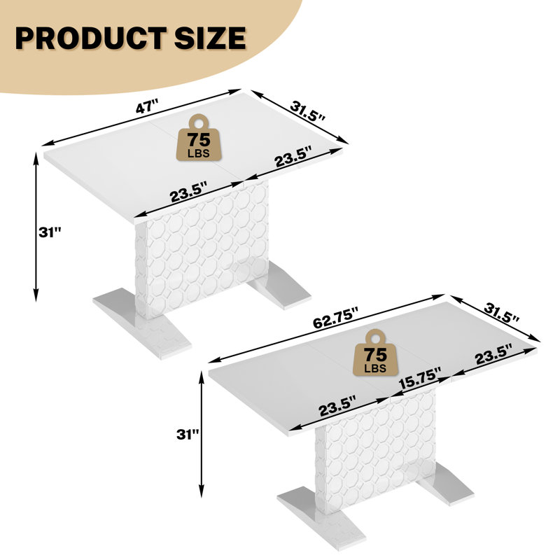 Table de salle à manger extensible rectangulaire pour la cuisine et la salle à manger, Blanc