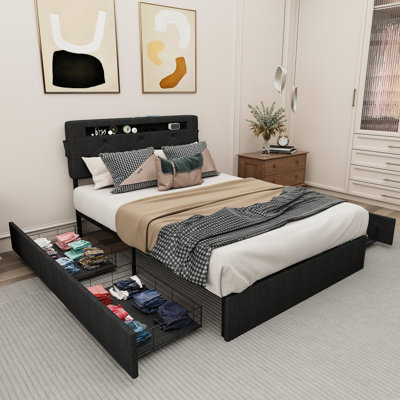 Structure de lit pour grand lit avec lumières de charge et à DEL, 4 tiroirs, métal / bois robuste, revêtement en lin, aménagement de style chambre à coucher, station de rangement gris foncé, rangement de tiroir, construction, attrait