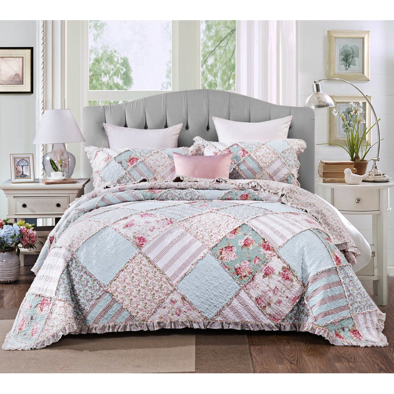 Ensemble de couvre-lit / campagnard réversible patchwork bleu menthe / vert / rose, Grand
