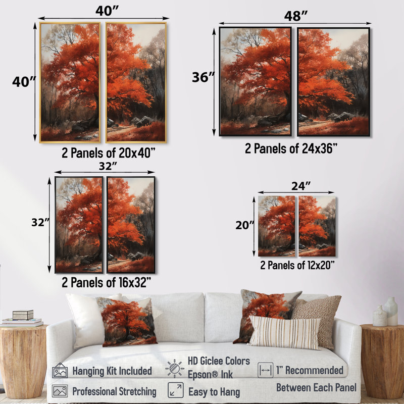 Feuillage d'automne dans les bois III - impressions d'art sur toile rouges sur 2 panneaux, 40'' H x 40'' W, Brown