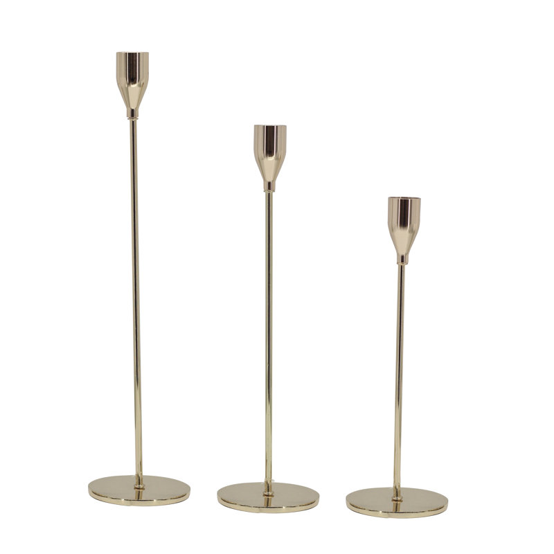 Set of 3 Slim Gold Iron Taper Candle Holders, Modern Candlesticks for Tabletop, Mantel, Centerpiece, or Event Decor, 12”, 11”, and 9” Tall 