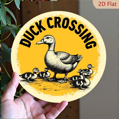 1 pièce, art mural rond en aluminium 8 * 8 pouces, décor de ferme rétro avec famille de canards et fond jaune audacieux - Suspension murale rustique d'intérieur pour l'extérieur