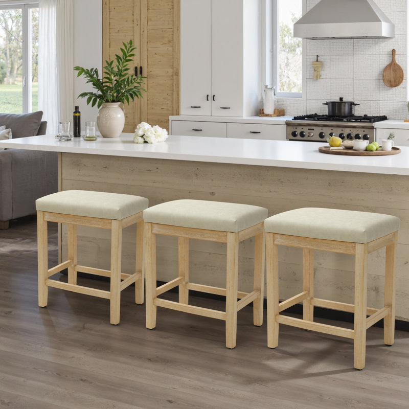 Cindina 24" Hand-Brushed Wood Backless Counter Height Bar Stools Mid-Century Farmhouse Short Stools, Beige