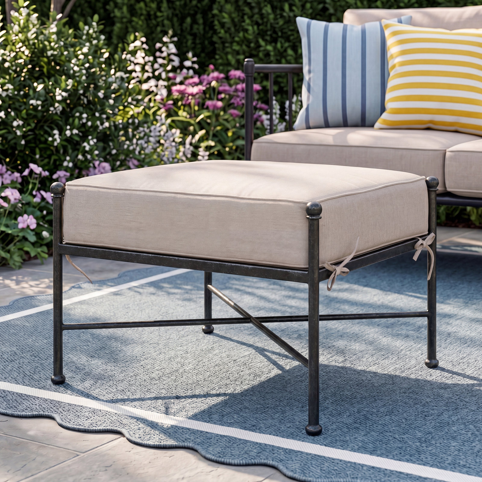 Lucier Upholstered Outdoor Ottoman with Cushion, Canvas Flax