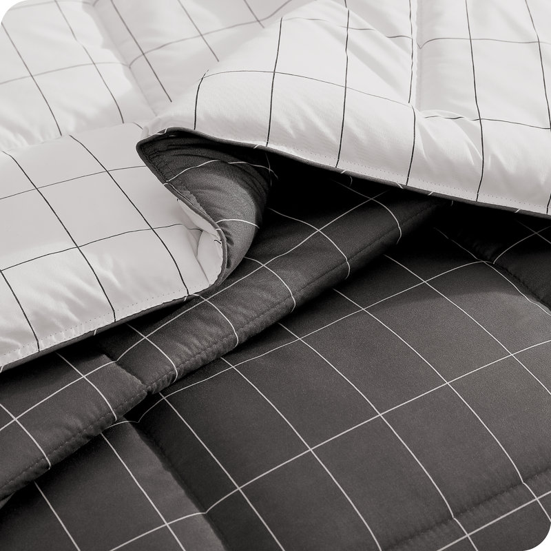 Ensemble d'édredon en duvet synthétique, Édredon très grand et 2 très grandes taies déc, Gris / blanc - grille