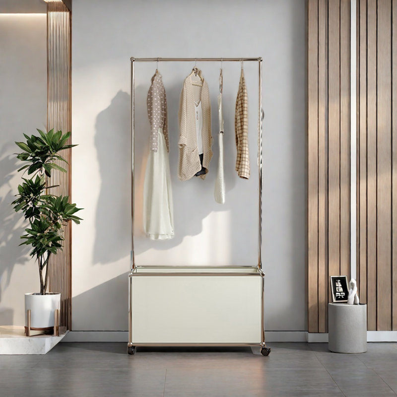 Stainless Steel Coat Rack with Storage Basket, Cream