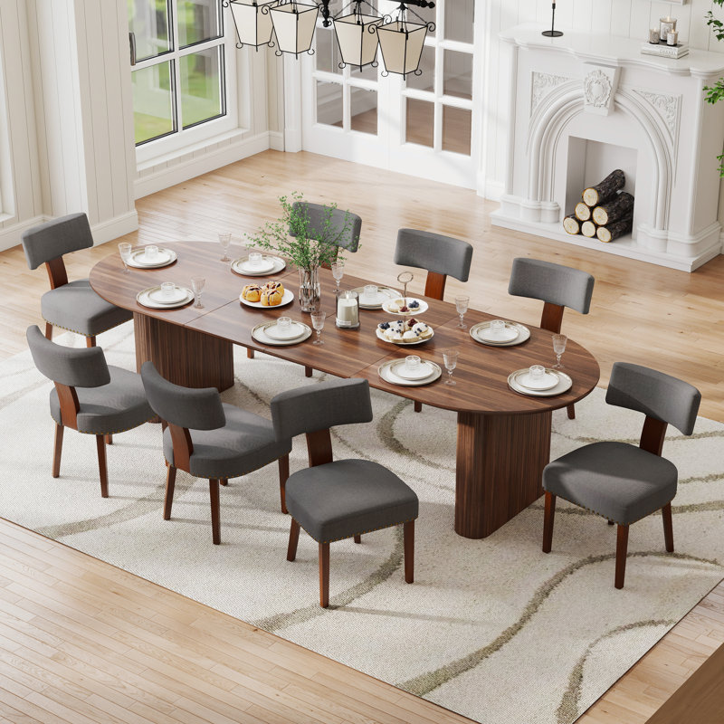 Ensemble de salle à manger 9 pièces Mid-Century moderne, table extensible 59 po à 90 po et 8 chaises en tissu, maison de campagne pour la cuisine, salle à manger