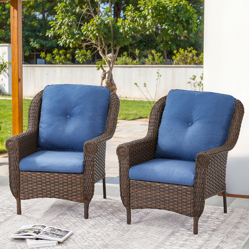 Habbe Outdoor Wicker Patio Chairs Set Of 2 With Olefin Cushions Weather-Resistant, Blue