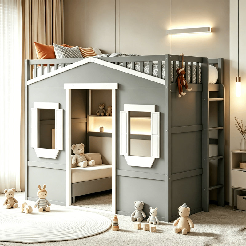 Lit mezzanine avec échelle Gabriella-Frances, Simple, Gris / blanc