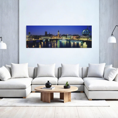 Buildings Lit Up At Dusk, Big Ben, Houses Of Parliament, Thames River, London, England Gothic Contemporary Architecture City Wall Art