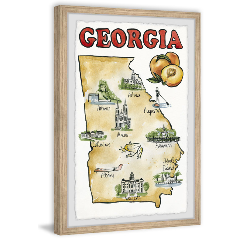 «Map of Georgia, the Peach State», reproduction d'art graphique sur papier encadrée, H 30 po x l 20 po x P 1,5 po