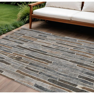 Tapis extérieur lavable à rayures 10 pi x 14 pi étain et brun