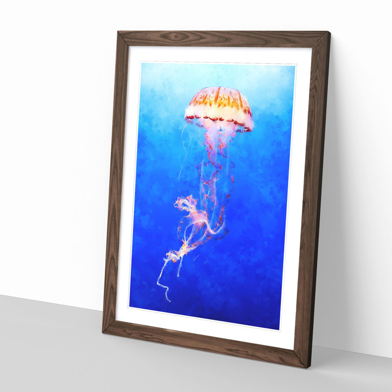 Orange Jellyfish - Picture Frame Painting Print, 87cm H x 62cm W x 2cm D, Walnut Framed