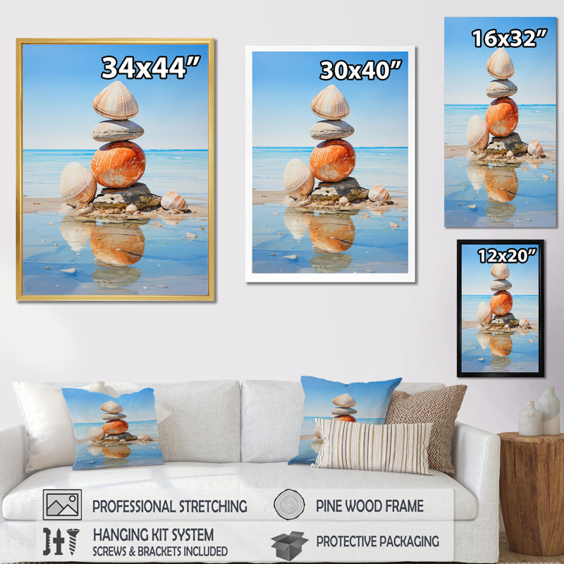 Caberfae Minimalist Beach Shells Tower I - reproduction sur toile, H 32 po x l 16 po x P 1 po, Cadre flottant noir