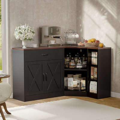 Armoire de coin avec station de charge, armoire de cuisine avec plateau tournant à 2 niveaux Lazy Susan, armoire de rangement de coin Farmhouse avec tablette réglable, buffet de garde-manger en forme de L (noir)