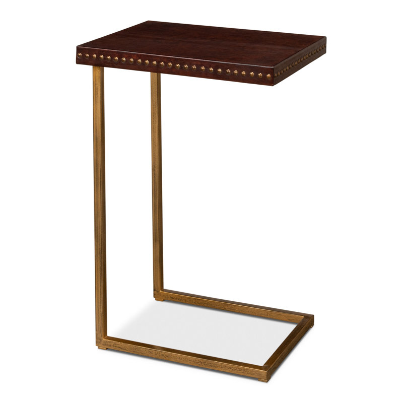 Brown Leather and Brass Rectangular Laptop End Table