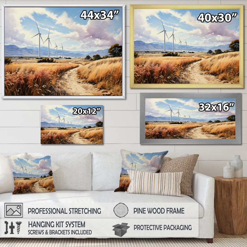 Wind Turbines Sunlit Spin - reproduction sur toile, H 30 po x l 40 po x P 1,5 po, Cadre flottant noir