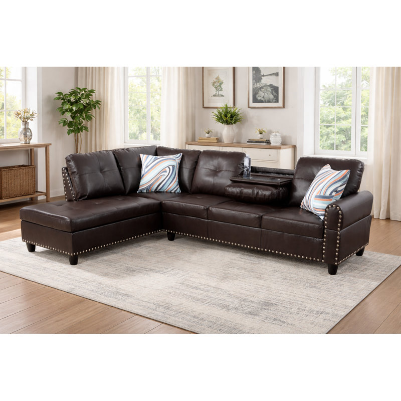 Mascotte Upholstered L-Shaped Sectional, Brown Faux Leather, Left Hand Facing