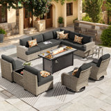 10 - Person Patio Furniture Set with Swivel Rockers, Outdoor Wicker Rattan Sectional Seating Group with Cushions, All Weather Sofa Conversation Set with Fire Pit Table for Garden Backyard