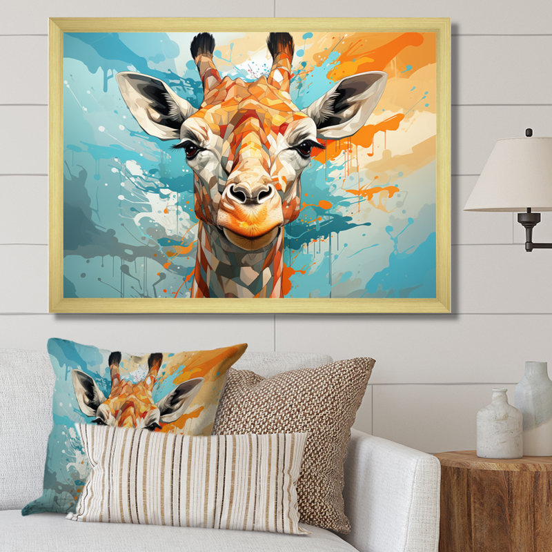Kristyne Giraffe Elegant Geometric - Girafe, art mural, Cadre doré simple, H 34 po x l 44 po x P 1,5 po