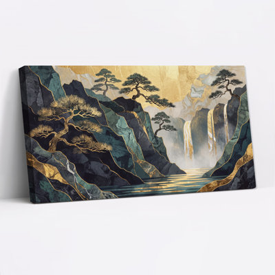 Montagne, cascade de montagne, feuille d'or, art mural