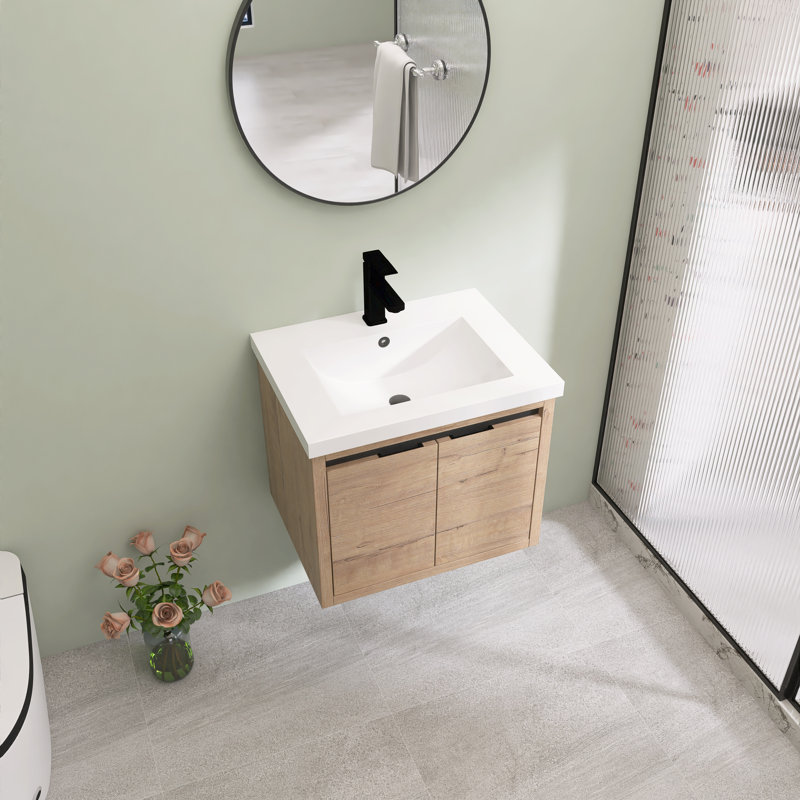 Meuble-lavabo simple 24 po avec comptoir en résine et portes à fermeture en douceur 24 po, Chêne