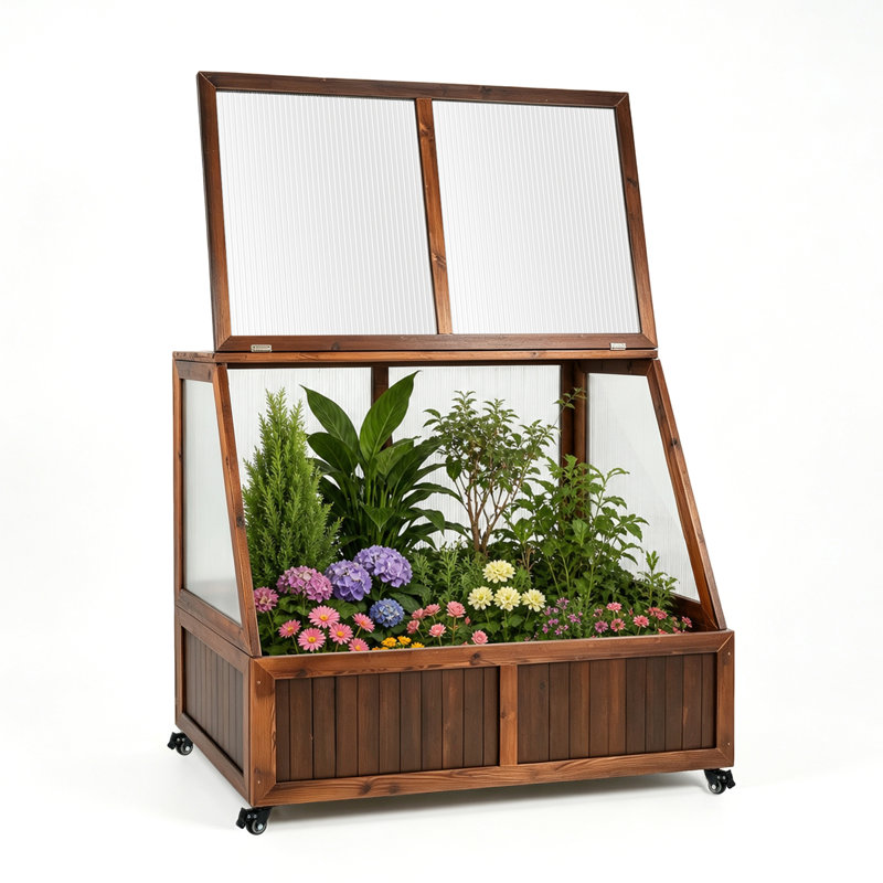 Wooden Cold Frame Greenhouse with Wheel, Chamber Fir Plant Cold Frame with Dual Independently Openable Flip‑Top Lids, Polycarbonate Panels Portable Plant Shelter for Balcony Patio Yard Indoor Outdoor