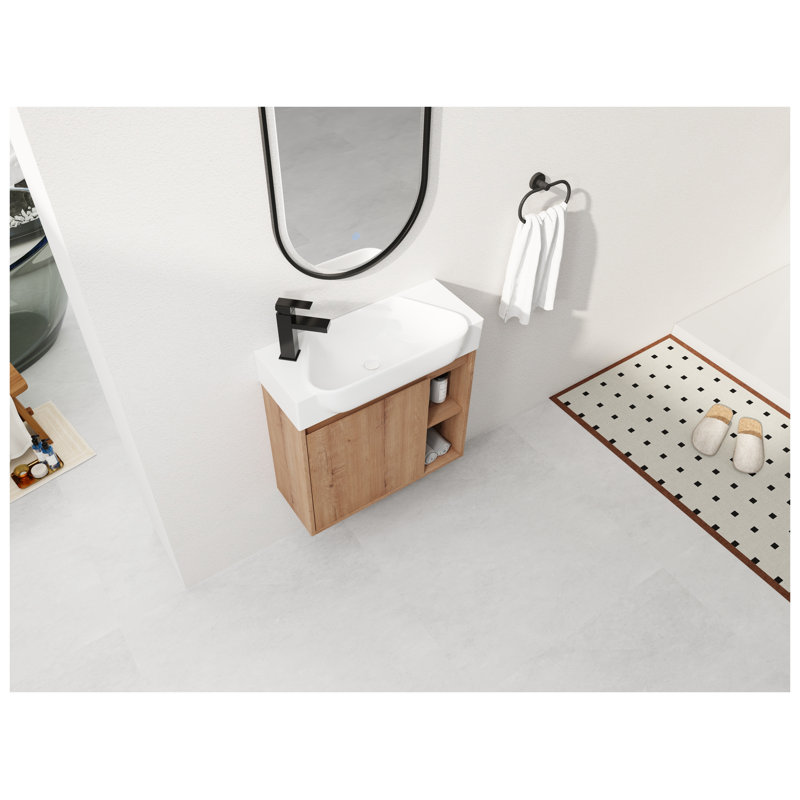 Meuble-lavabo mural 24 po avec lavabo en céramique blanche avec finition imitation chêne et porte à fermeture en douceur 24 po