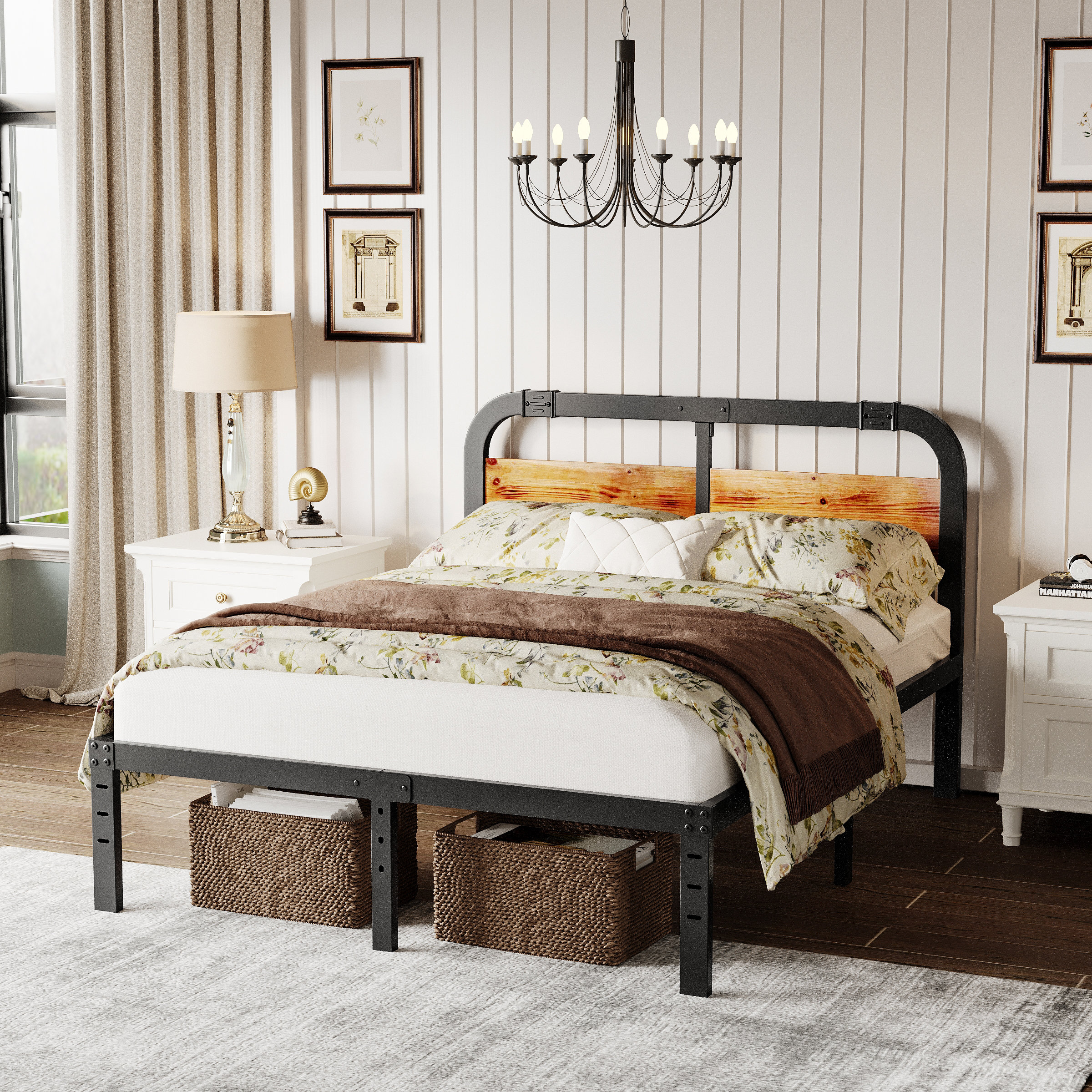 Williston Forge Ashwyn Wood and Black Metal Bed Frames with Headboard ...