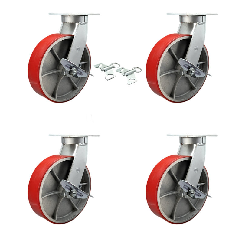 Ensemble de roulettes robustes en poly sur fonte 4 freins 2 verrous pivotants