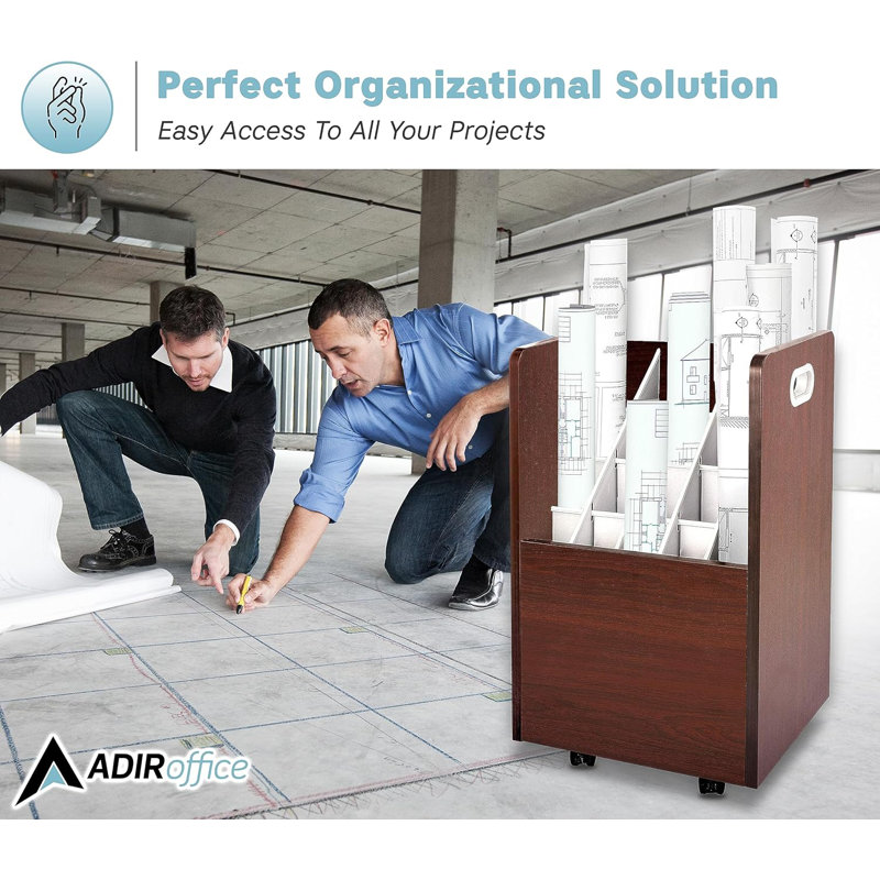 Brown Wood Mobile Rolling Blueprint Organizer with 20 Slots