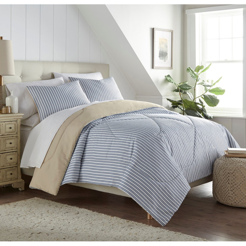 King Size Blue and Beige Seersucker Comforter Set