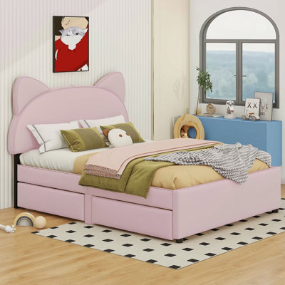 Upholstered Platform Bed With Cartoon Ears Shaped Headboard And 2 Drawers