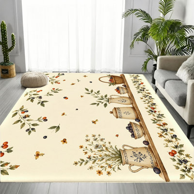 Tapis floral rétro à motif aquarelle de baies rétro, motif de plantes à base crème, tapis antidérapant doux lavable à la machine, décoration intérieure artistique pour le salon, la chambre à coucher, le vestibule, la porte d'entrée, la cuisine, le balcon et l’appartement