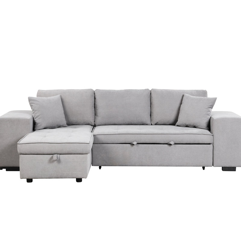 104.5" Reversible L-Shape Bed With Storage Chaise And 2 Stools, Gray Living Room Furniture Sectional Couch, Gray Linen