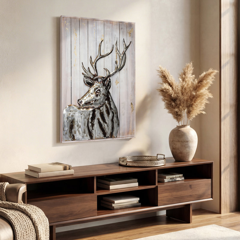 Sculpture murale en fer 3D "Deer II" sur bois massif