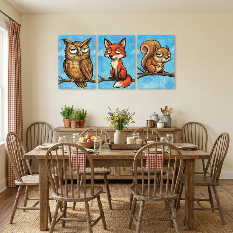Animaux, chouette renard, écureuil, branche d'arbre, reflet du ciel, ensemble de 3 impressions sur toile, H 36 po x l 72 po
