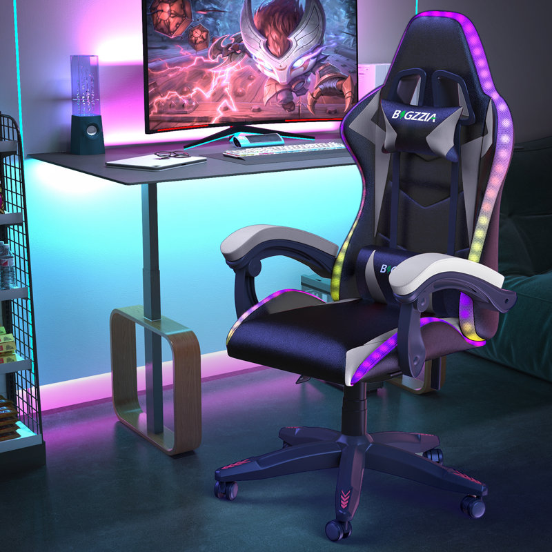 Reclining Gaming Chair with LED Lights and Headrest, Black/White