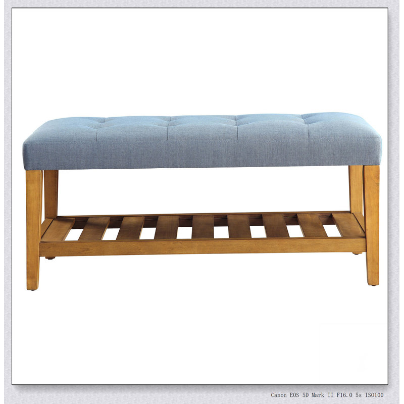 Banc rembourré capitonné bleu clair et chêne