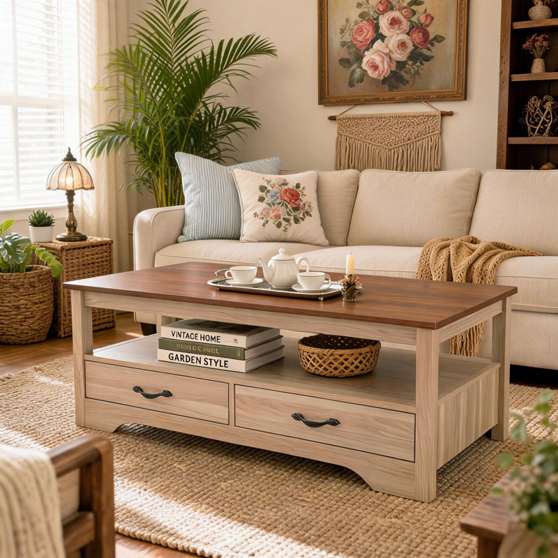 Table basse avec 4 tiroirs et tablette ouverte, Oak & Brown