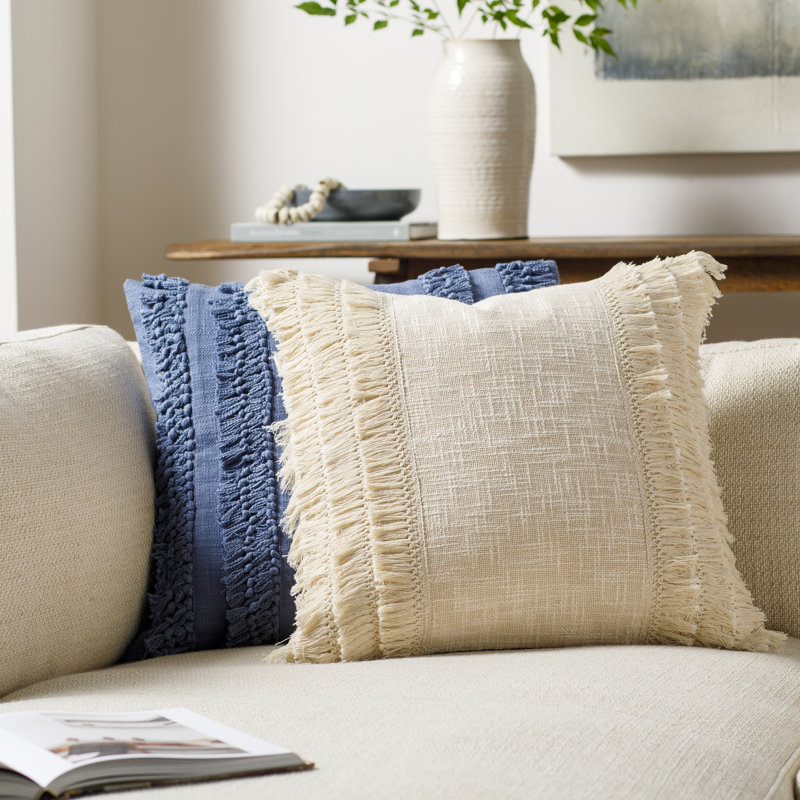 Light Gray Fringed Cotton 18" Square Throw Pillow