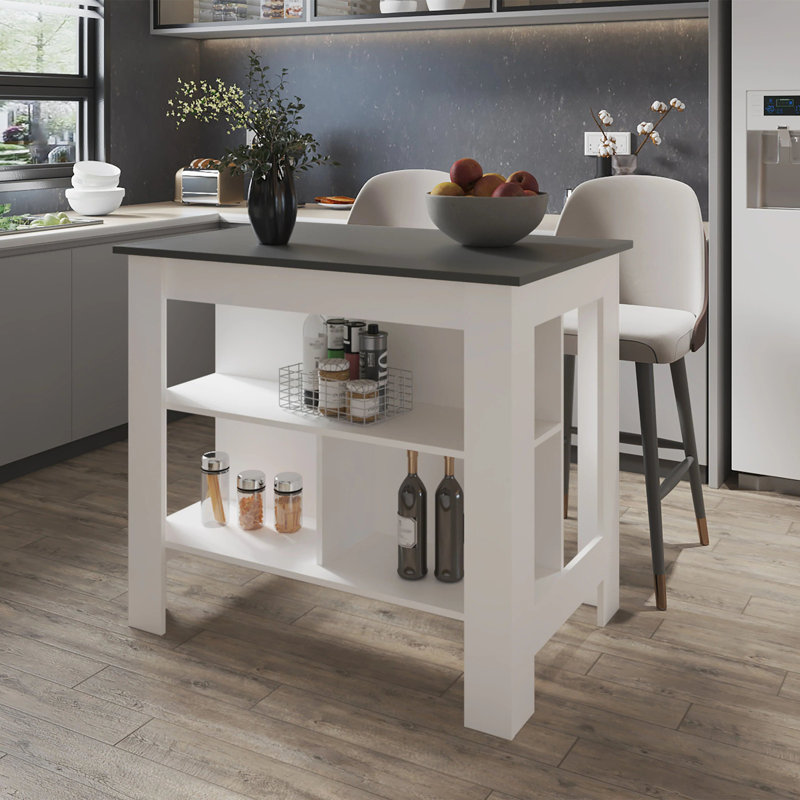 Kitchen Island with Open Storage, White/Gray