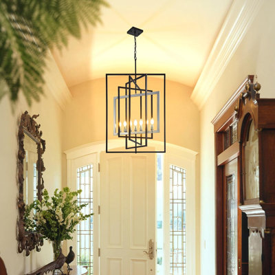 Luminaires suspendus lanterne 7 lumières, luminaires de style campagnard industriel rustique, grands lustres de vestibule pour hauts plafonds, lustres de style campagnard moderne pour entrée (noir et argent)