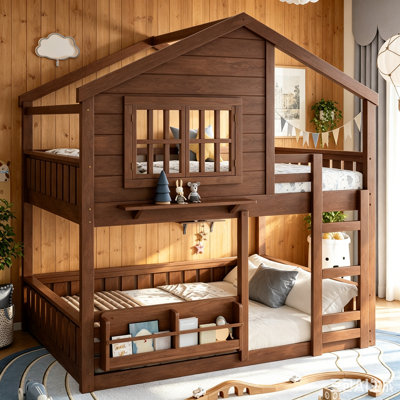 Solid Pine House Bunk Bed with Guardrails and Ladder, Double-Layer Kids Bed Frame with Built-in Storage
