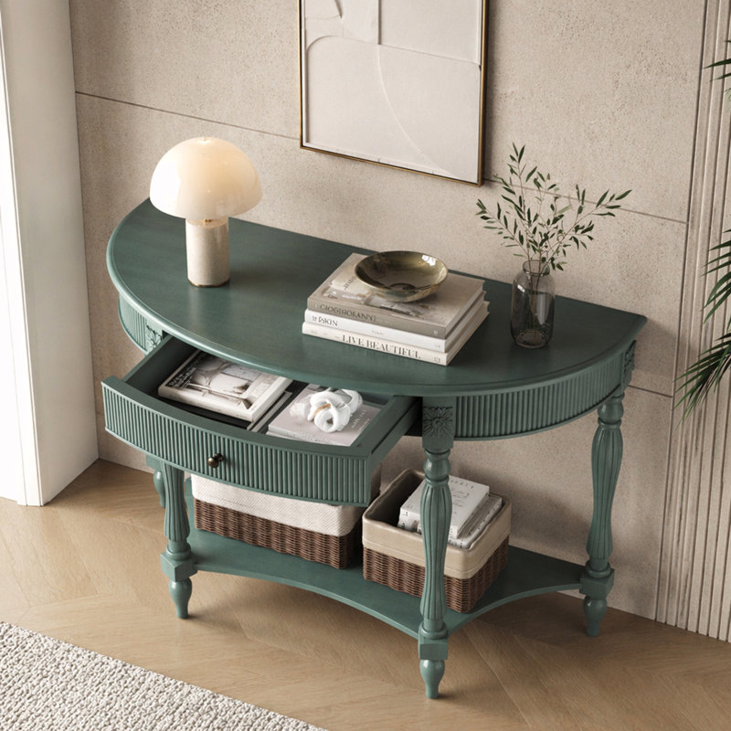 Console demi-lune avec tiroir et tablette, Antique Green