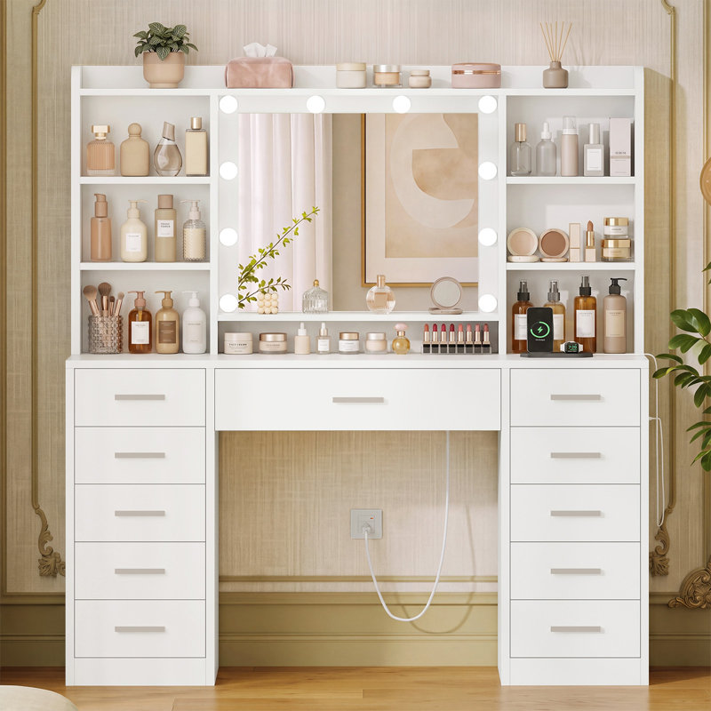 Coiffeuse avec miroir lumineux et station de recharge, bureau de maquillage avec 11 tiroirs et 4 étagères ouvertes pour chambre, blanc