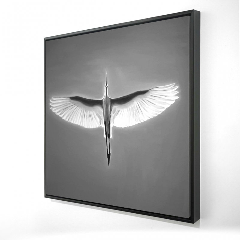 Grand héron bleu en vol - oiseau blanc, décoration sur toile, H 25,25 po x l 25,25 po