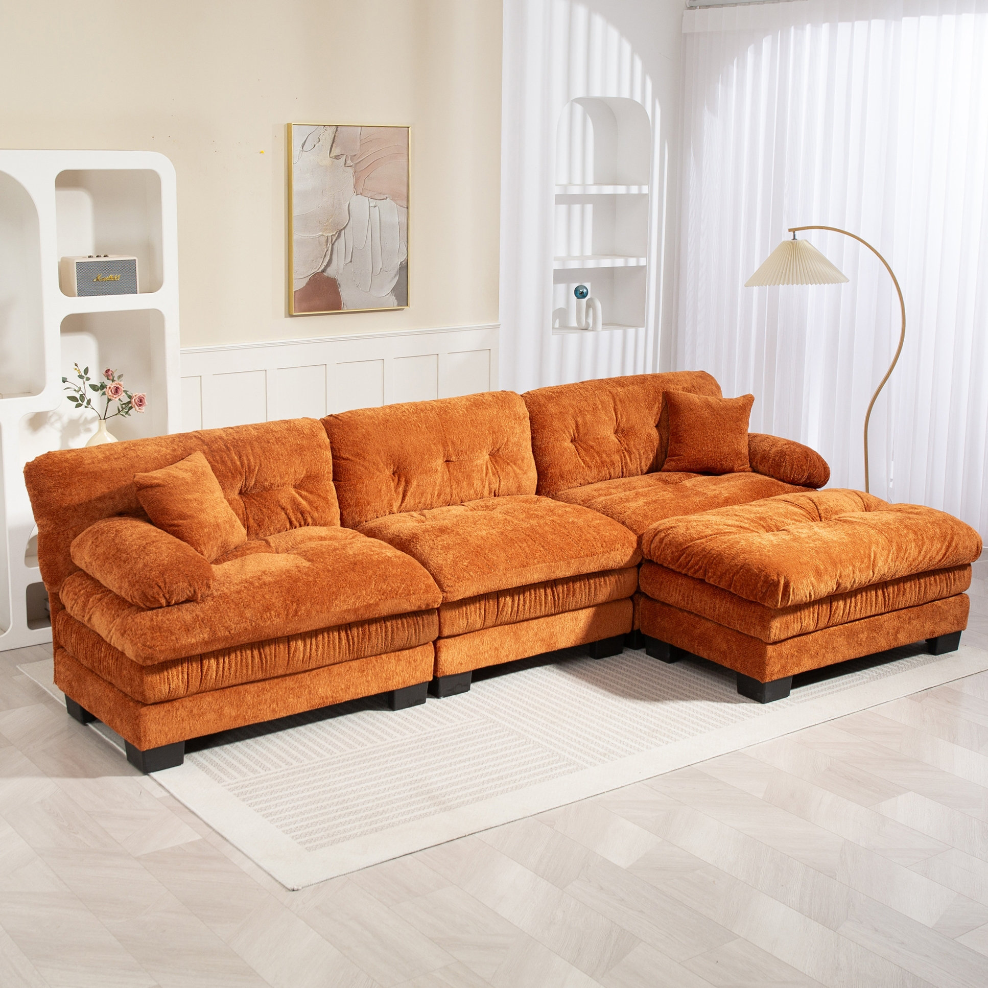 120" Chenille L-Shaped Modular Sectional Sofa with Ottoman