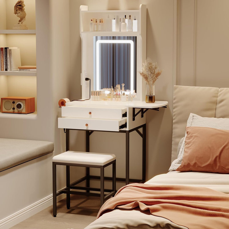 Bedroom Vanity Desk with Adjustable Lighted Mirror Foldable Panel 2 Drawers and Storage Shelves