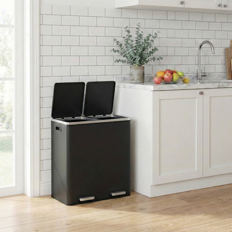 Steel Step On Multi-Compartment Rubbish & Recycling Bin, 60L, Black